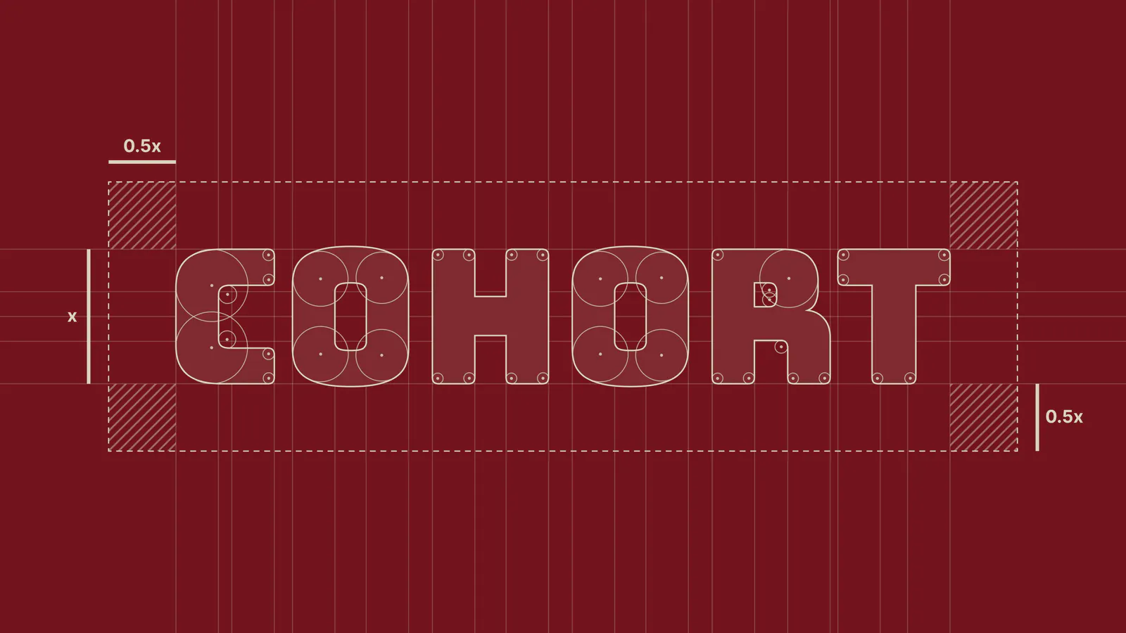 Construction grid and clear space for the Cohort wordmark, on crimson