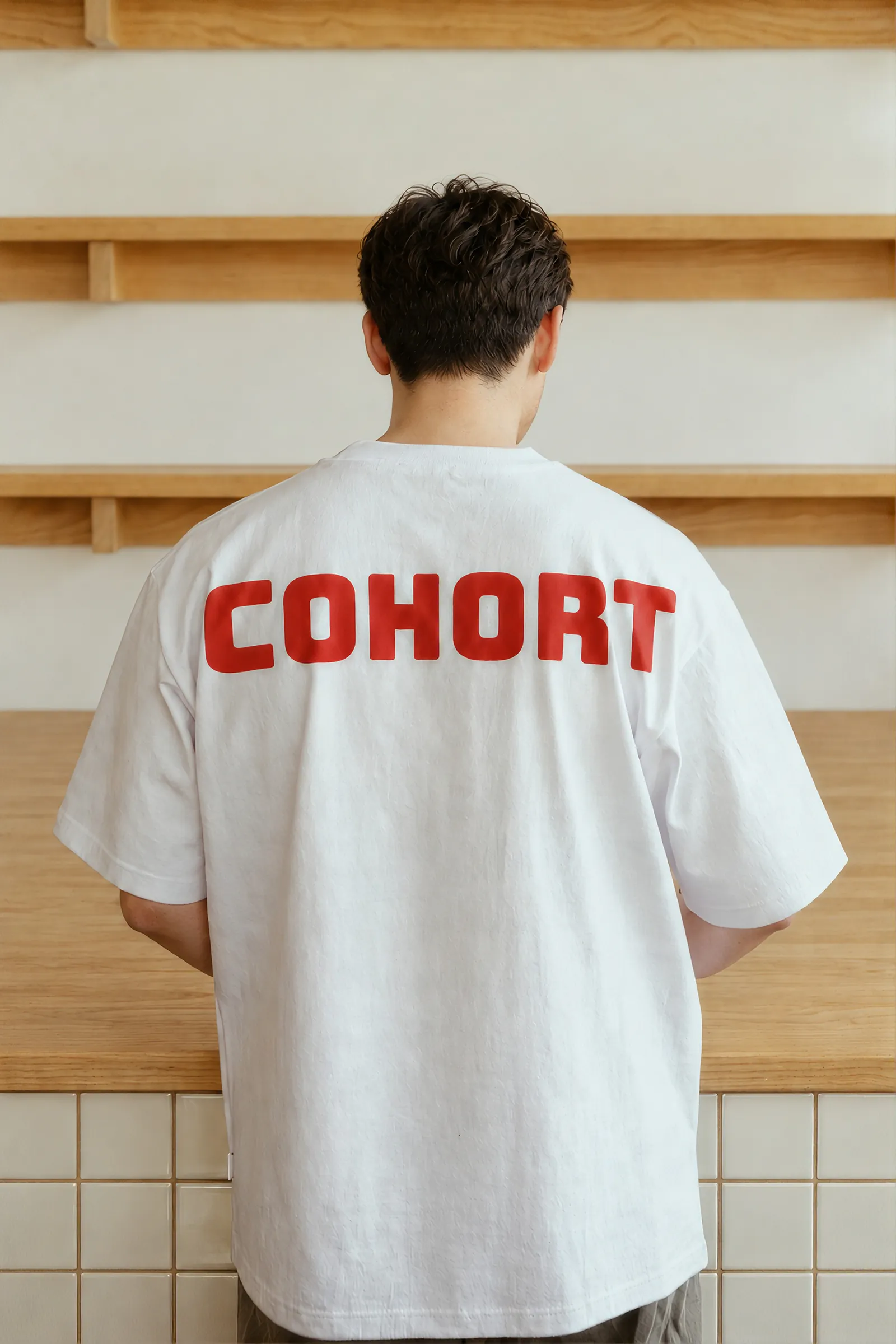Back of a white T-shirt with the Cohort wordmark in red, in a coffee shop