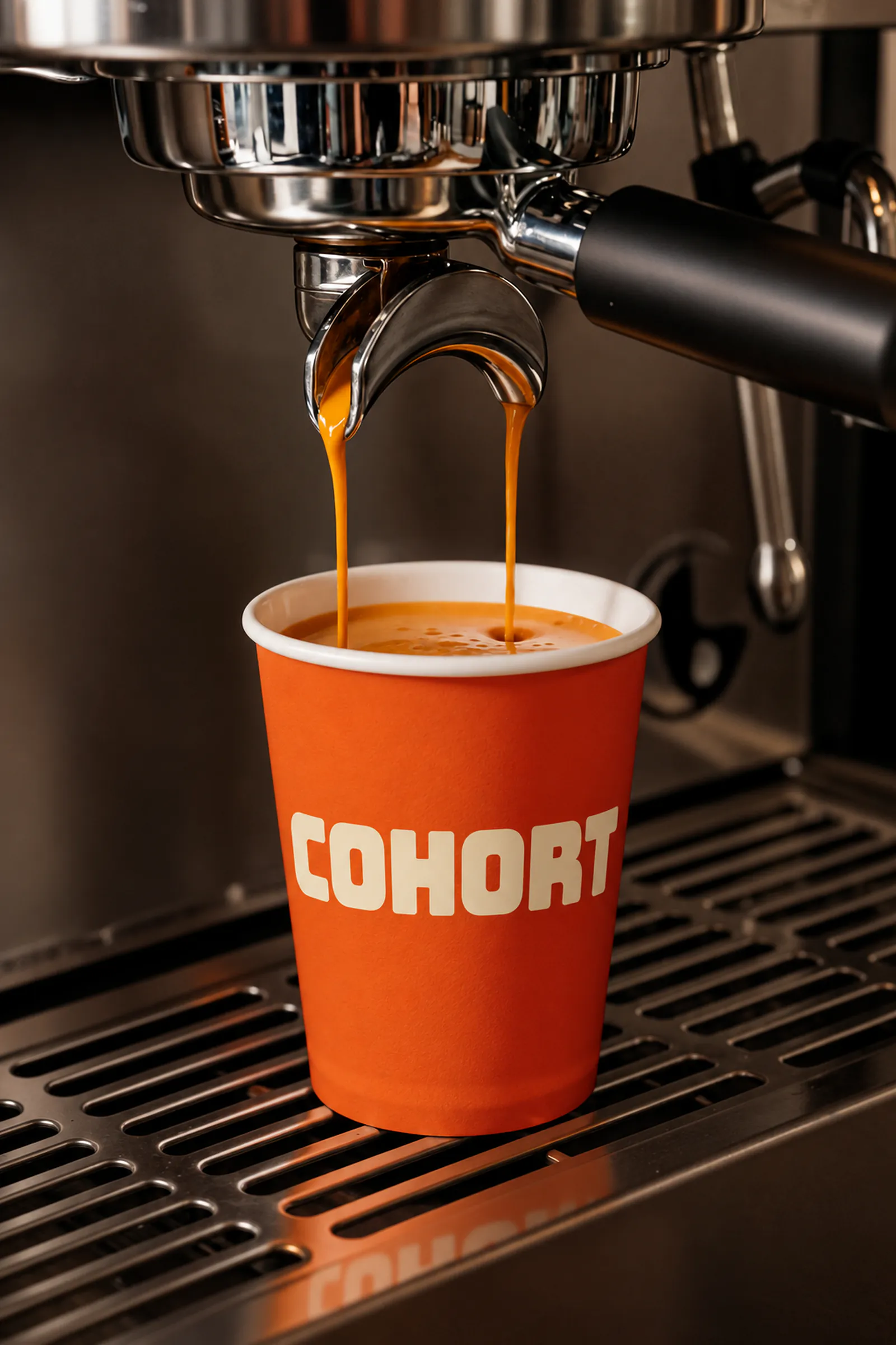 Orange Cohort cup under an espresso machine group head, with coffee pouring in