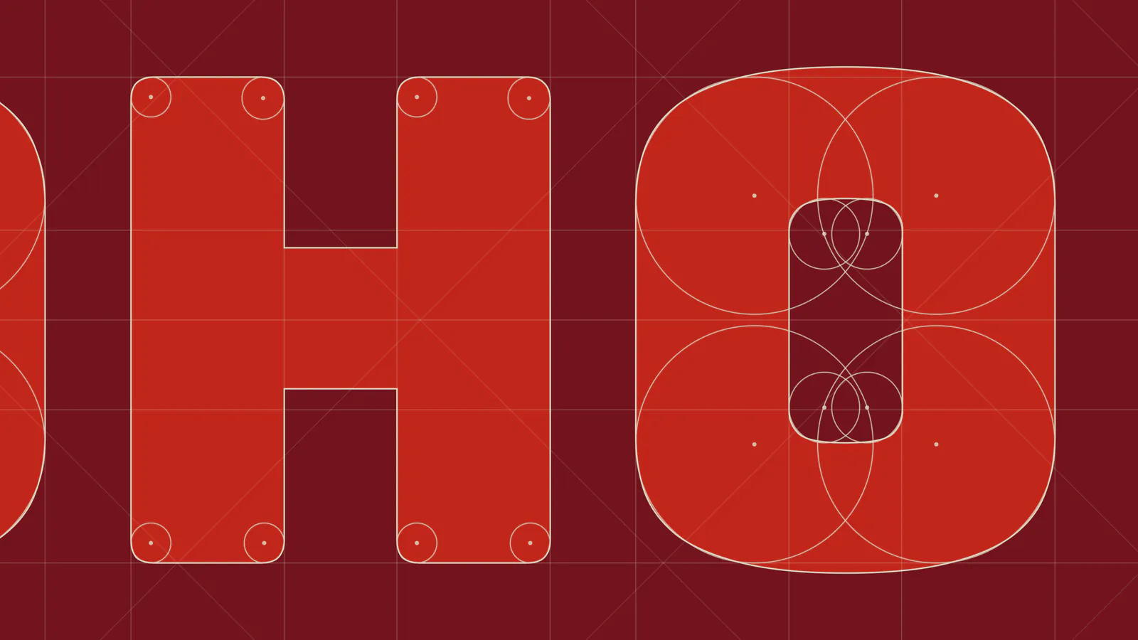 Close-up of the custom Cohort letterforms with construction circles, on crimson