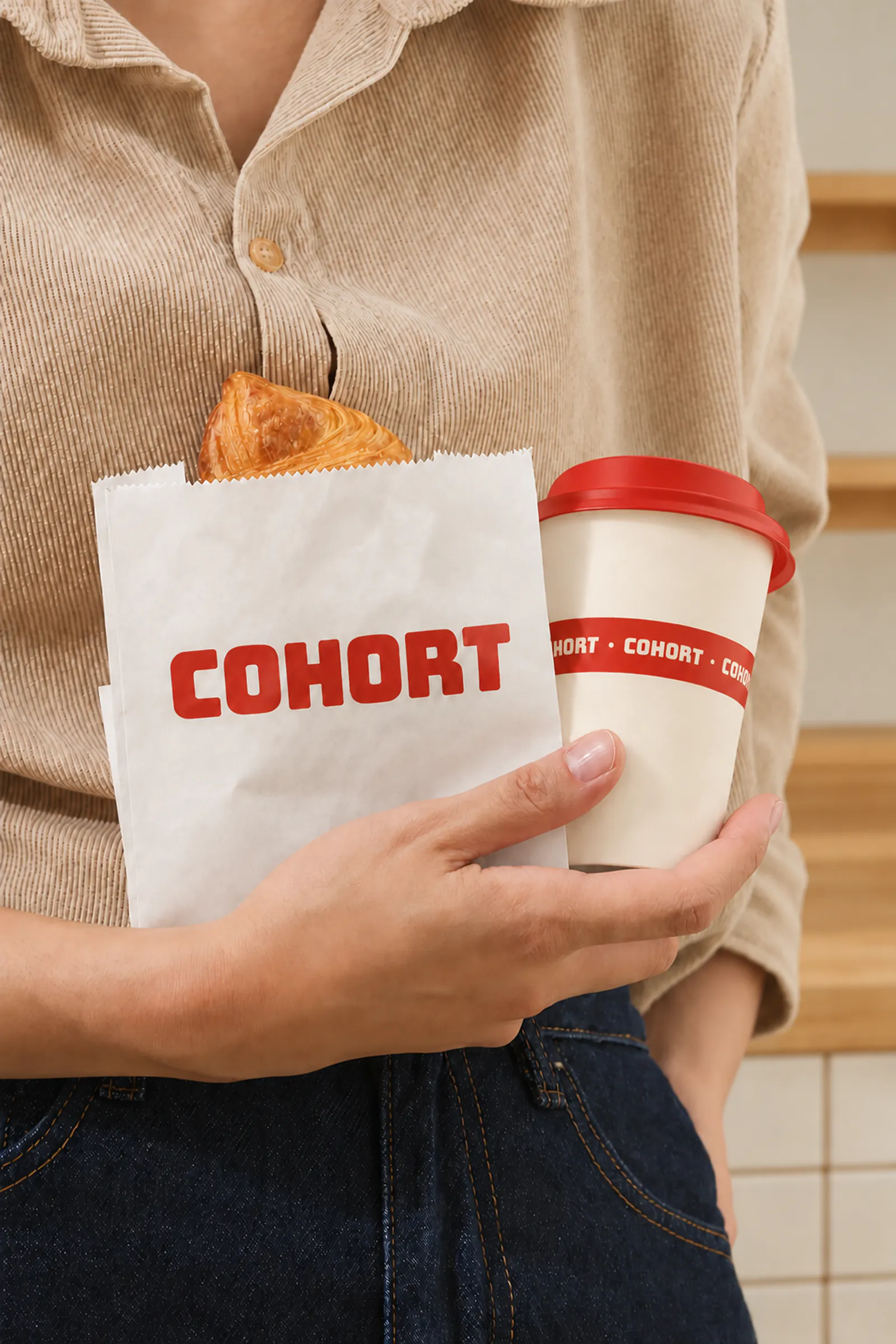 A hand holding a Cohort paper bag with a pastry and a cup with a red lid