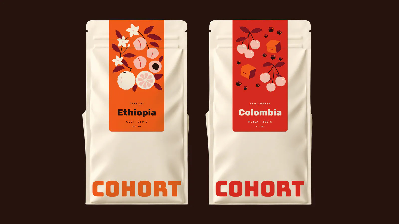 Two coffee bags, Ethiopia and Colombia, with illustrated fruit labels on espresso brown