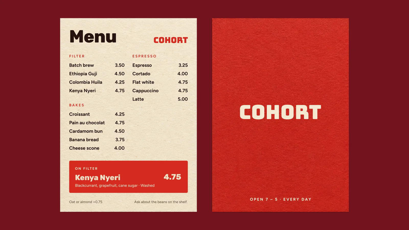 Menu card with Kenya Nyeri filter coffee, beside a red Cohort cover
