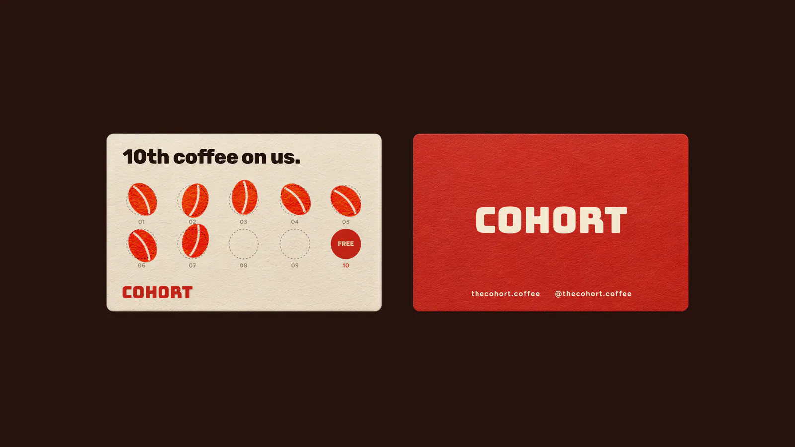 Cohort loyalty cards: a 10th coffee on us stamp card and a red wordmark card