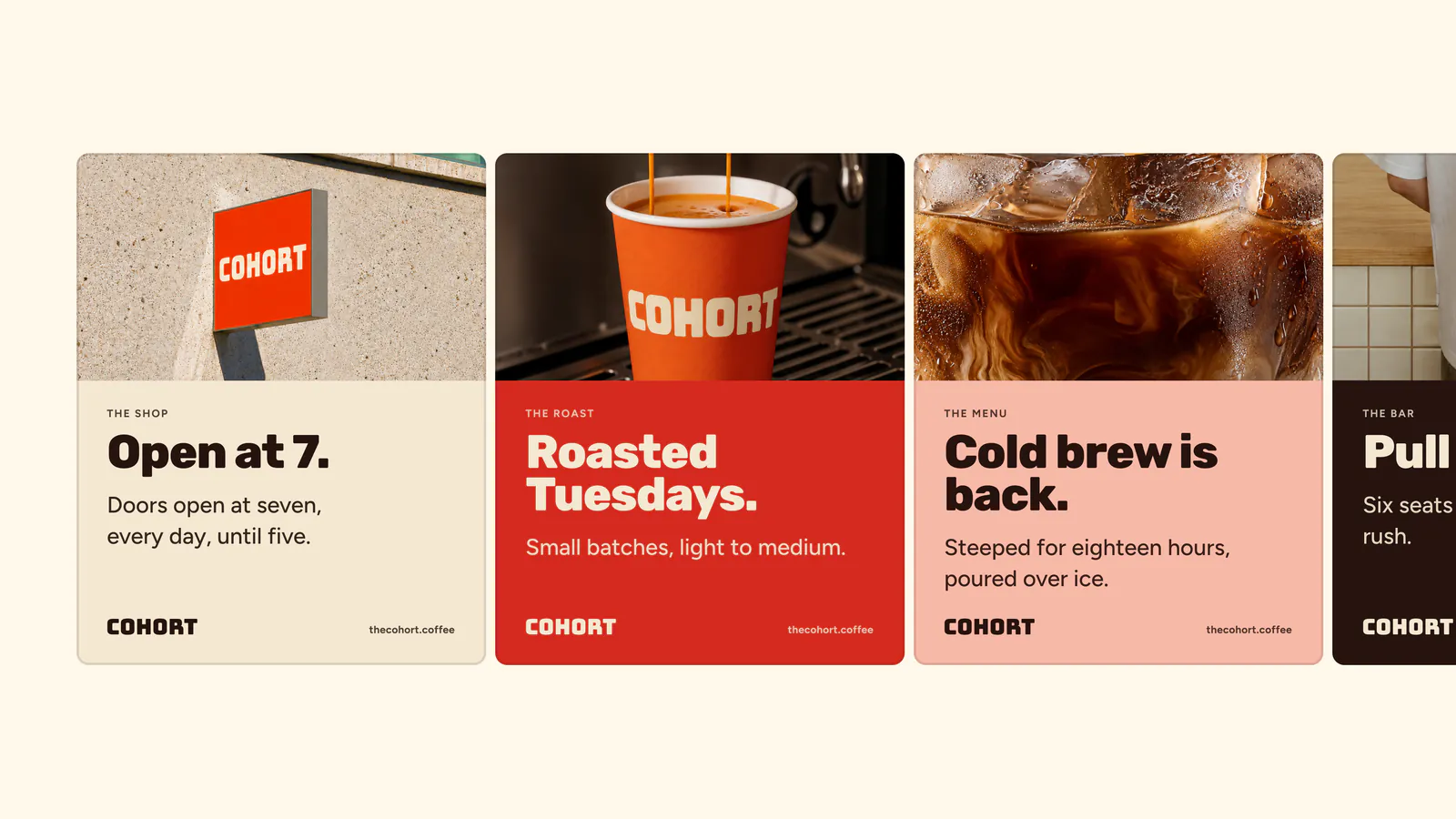 Social tiles: Open at 7, Roasted Tuesdays and Cold brew is back