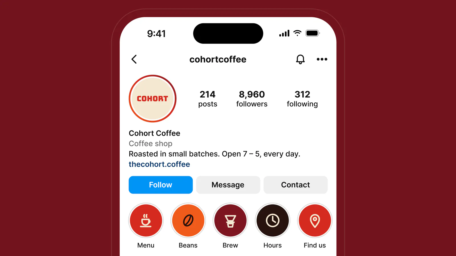 Cohort Instagram profile on a phone, with Menu, Beans, Brew, Hours and Find us highlights