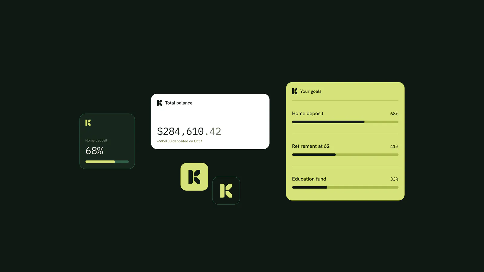 Interface cards showing a $284,610.42 balance, with the K badge