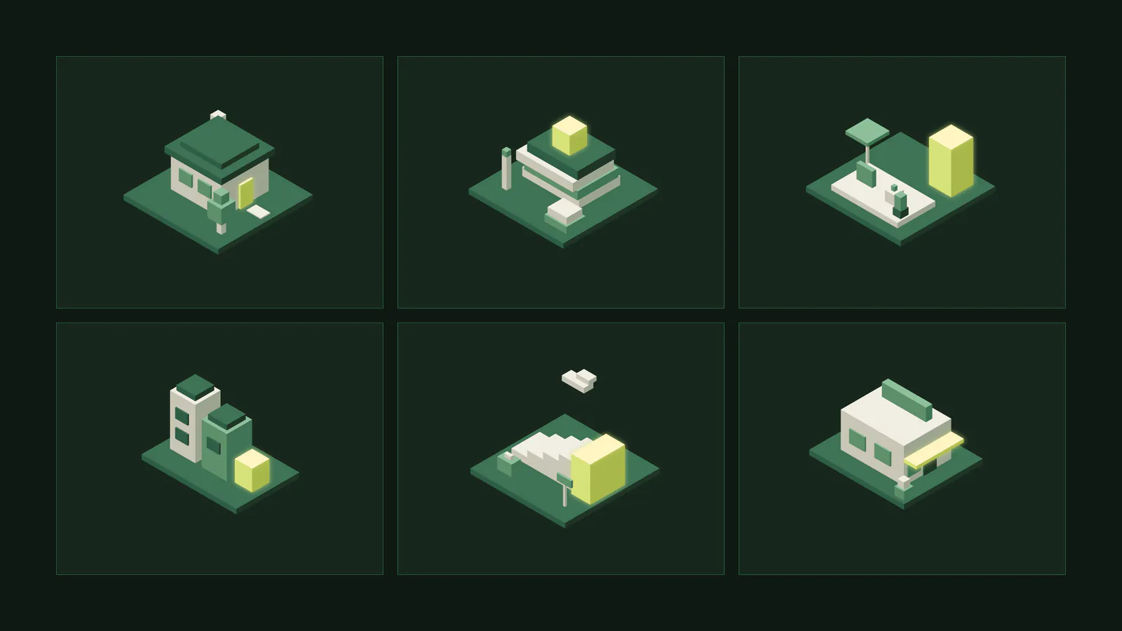 Six isometric house and building illustrations