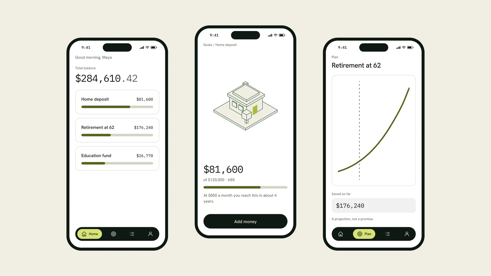 Three phones: a balance, an isometric home, and a retirement curve