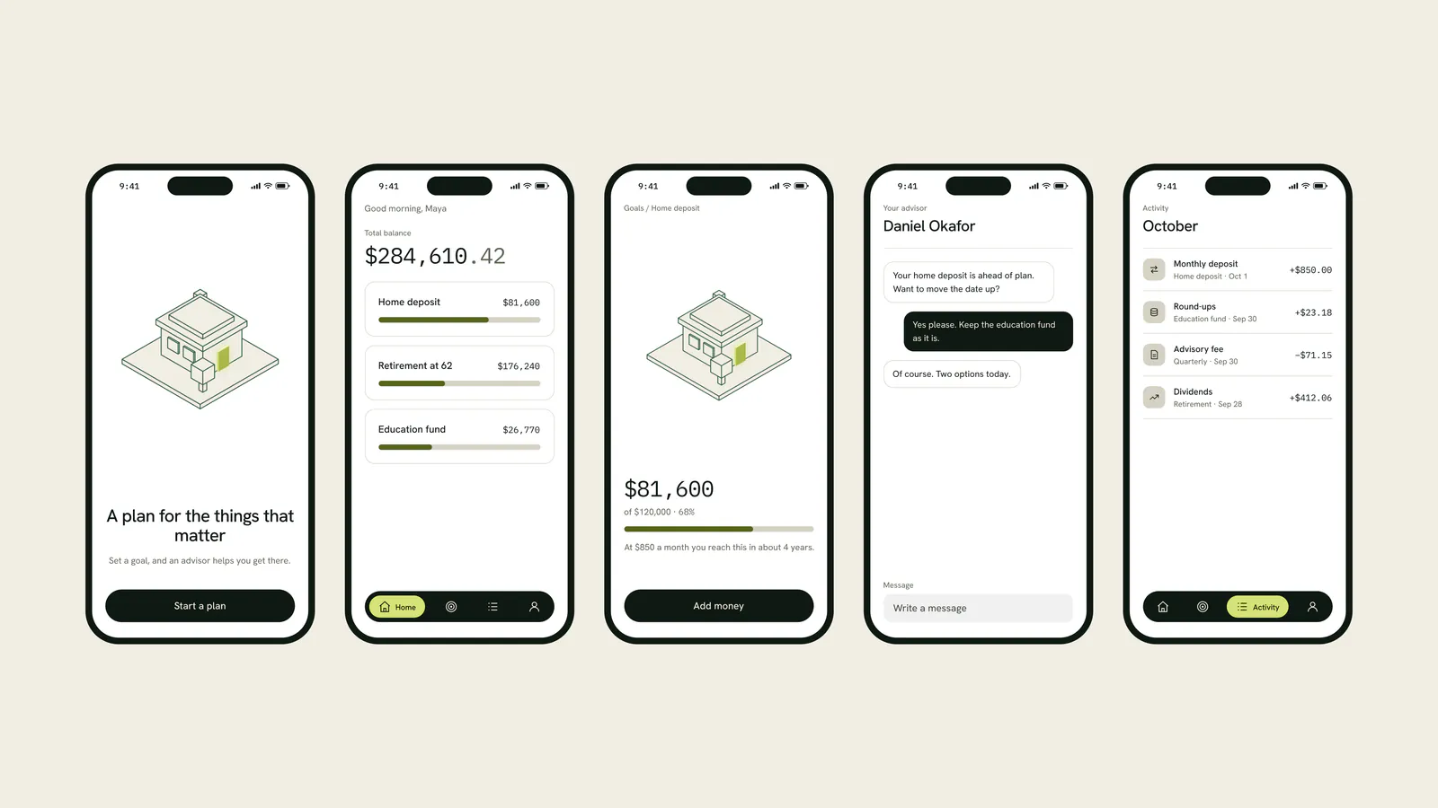 Five phone screens of the Keystone app on off-white