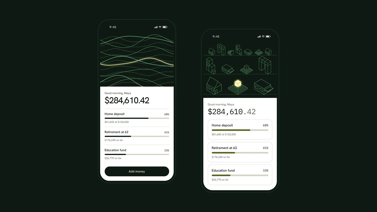 Two phones on dark green showing balances and growth lines