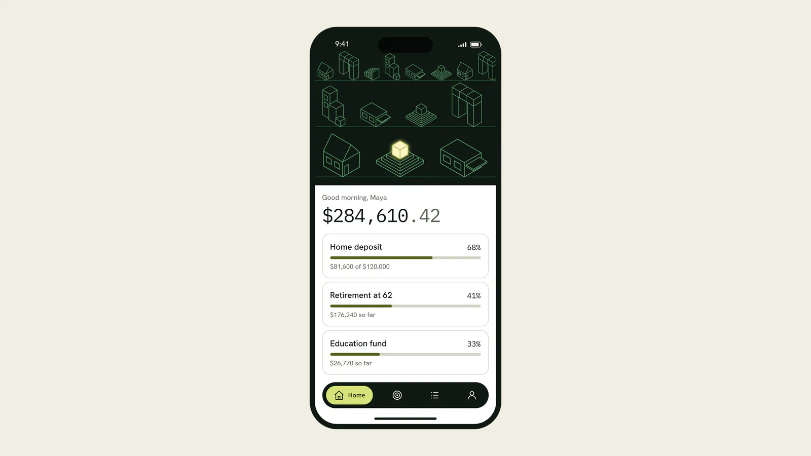 Phone with the Keystone app and isometric illustration, on off-white
