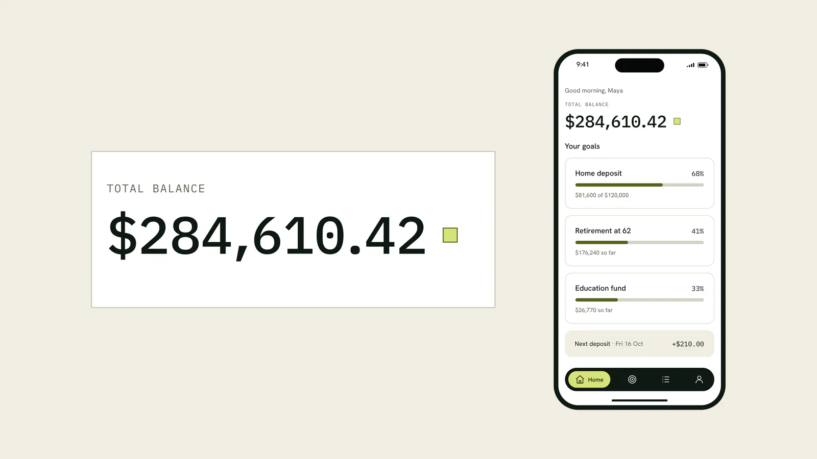 Balance tile reading $284,610.42, with a phone, on off-white