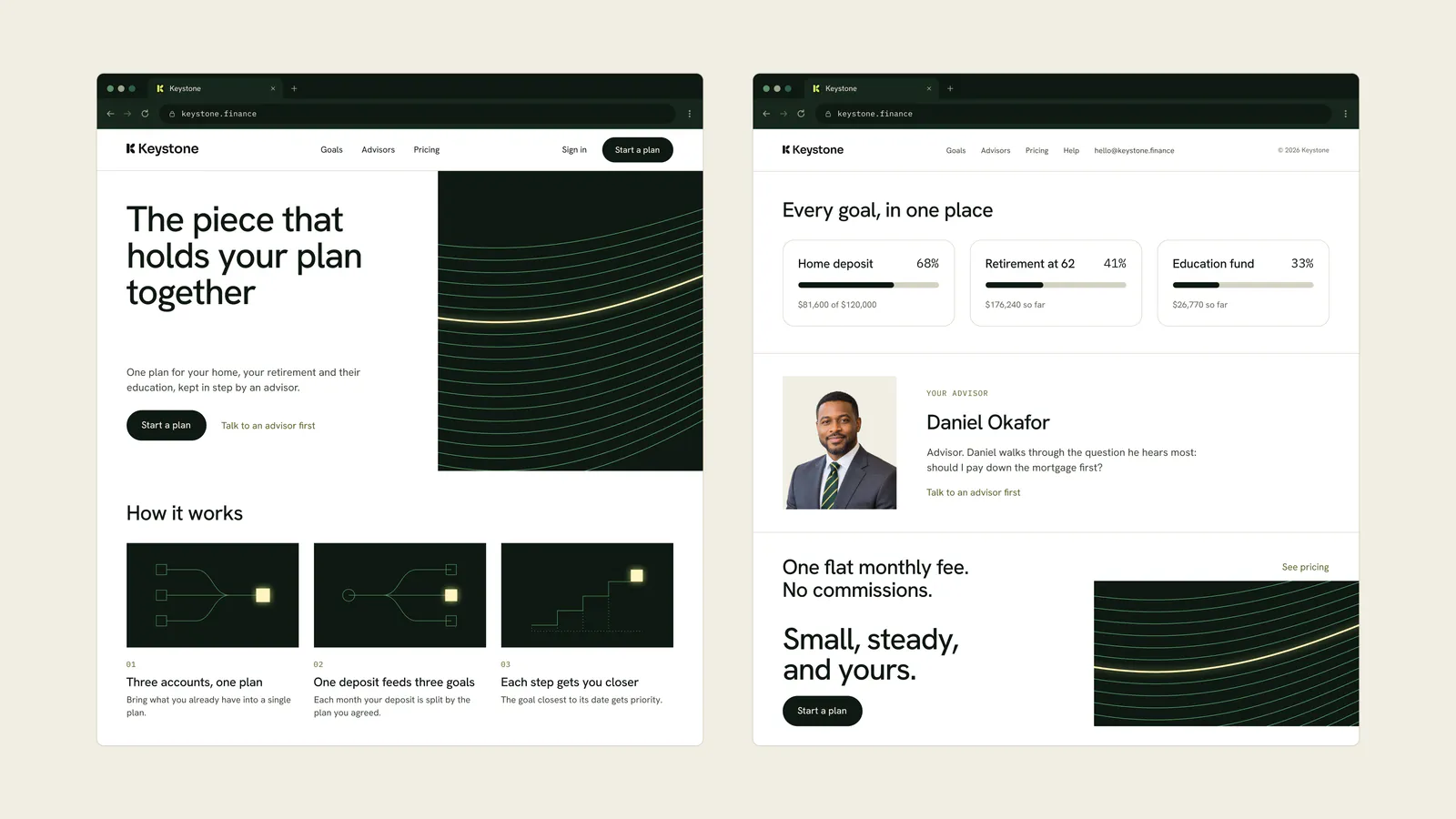 Website sections with a portrait of advisor Daniel Okafor