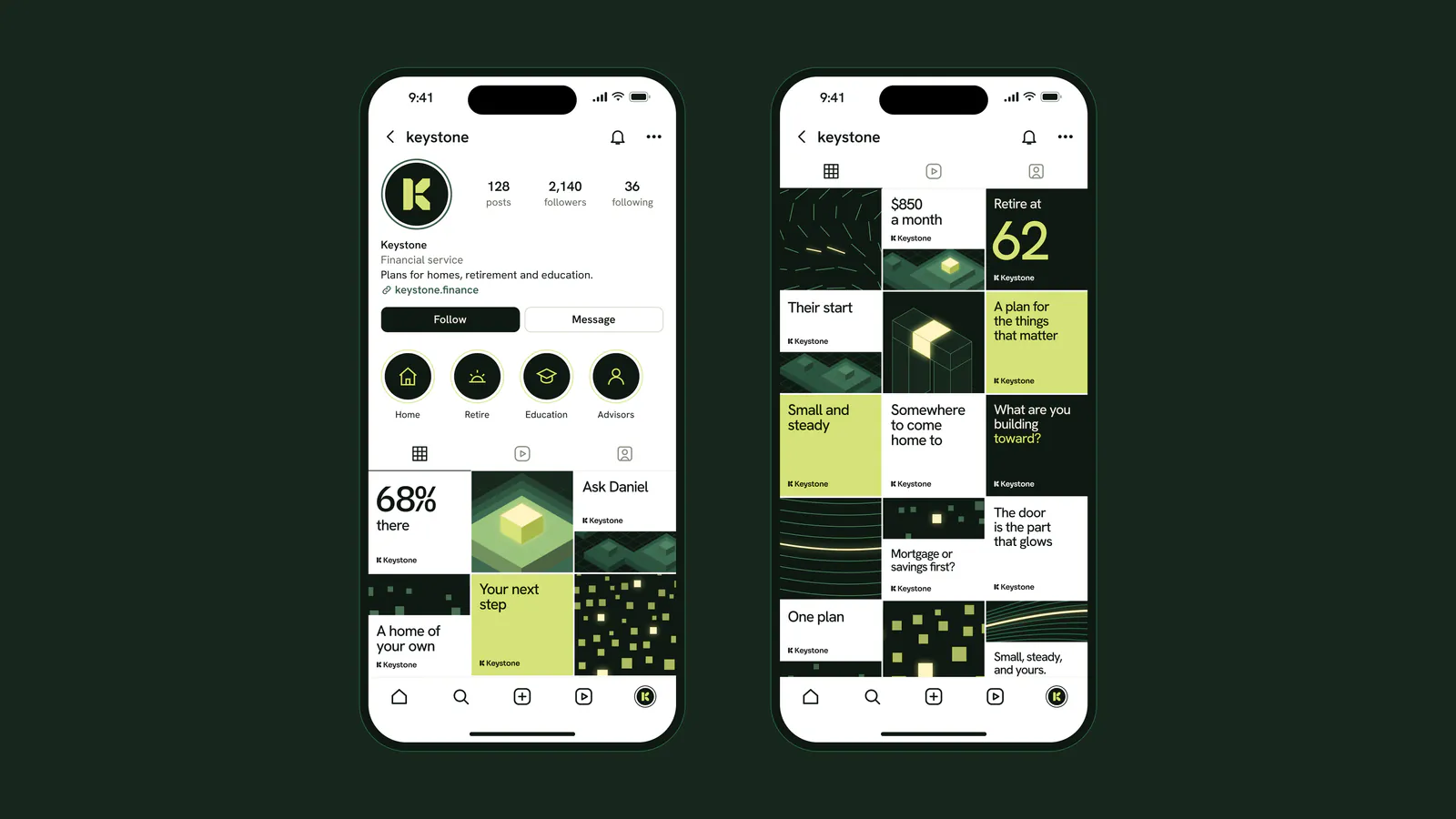 Keystone social profile and post grid on phones