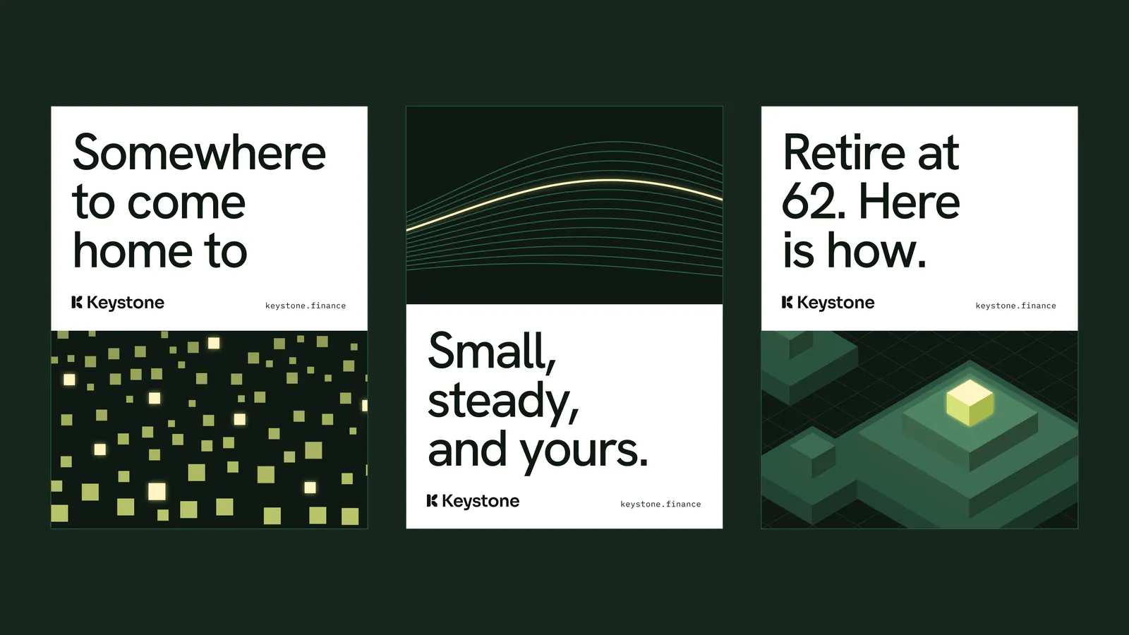 Ad tiles: Somewhere to come home to; Small, steady, and yours; Retire at 62. Here is how.