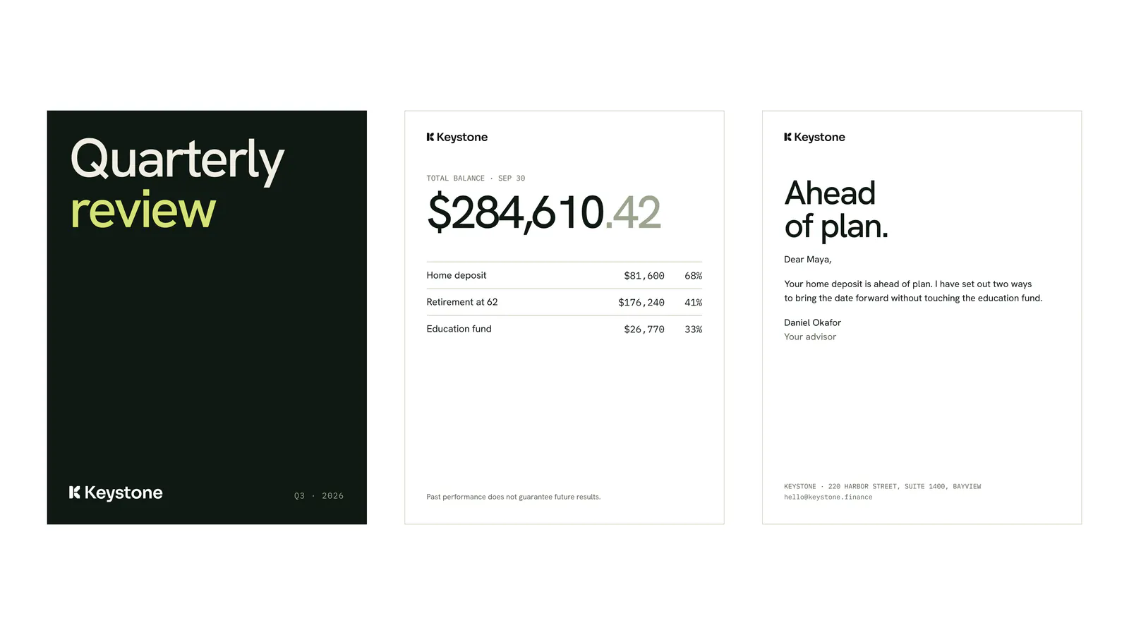 Quarterly review documents on dark green and off-white