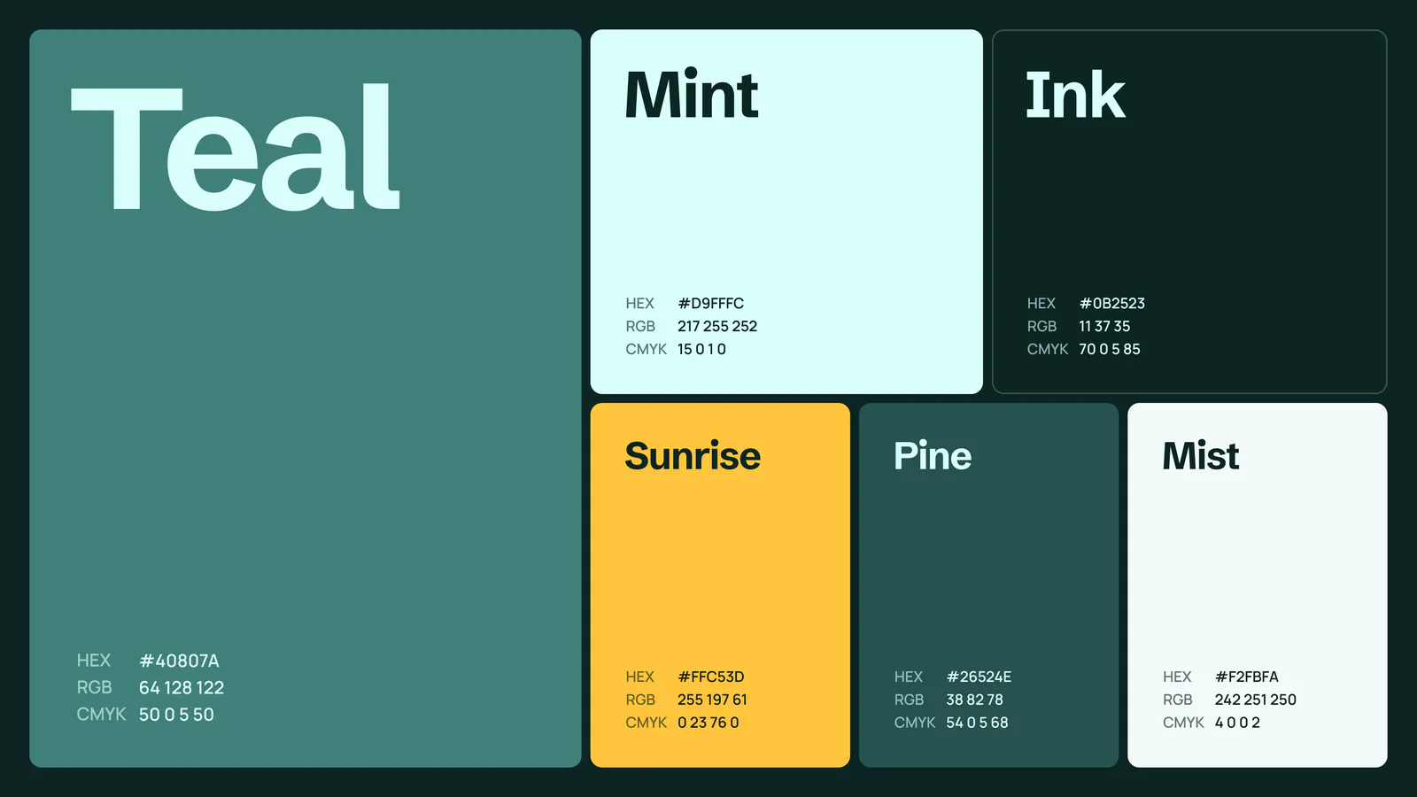New Path colour palette: Teal, Mint, Ink, Sunrise, Pine and Mist, with HEX, RGB and CMYK values