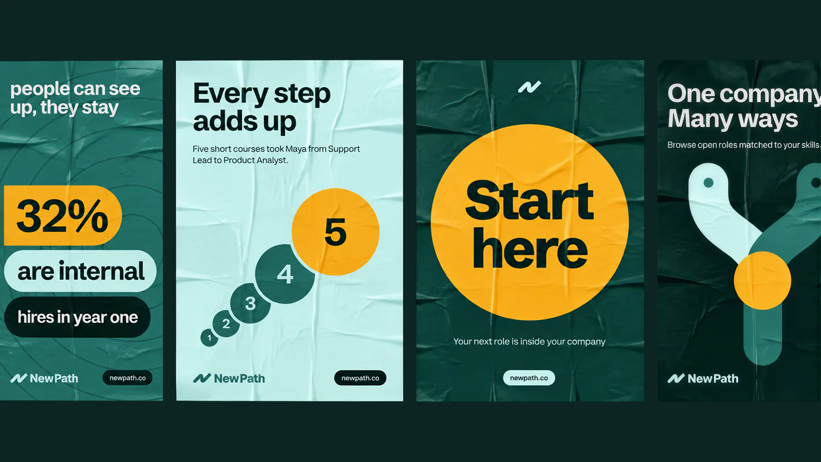 Four posters in teal and mint: People can see up, they stay; Every step adds up; Start here; One company, many ways