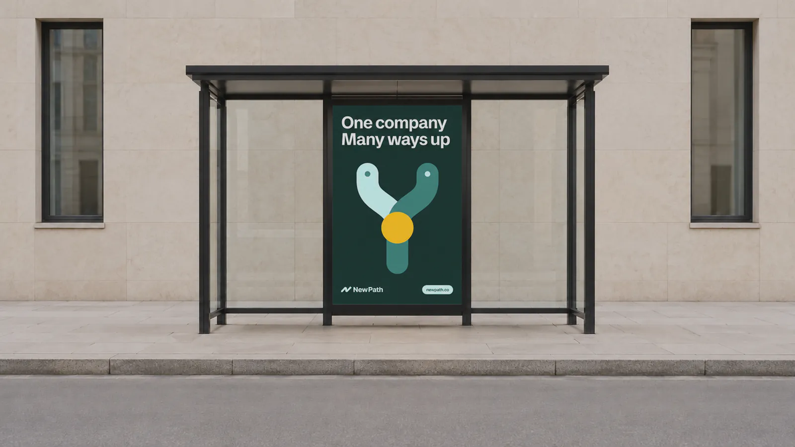 Bus shelter poster reading One company. Many ways up, with a Y-shaped path graphic