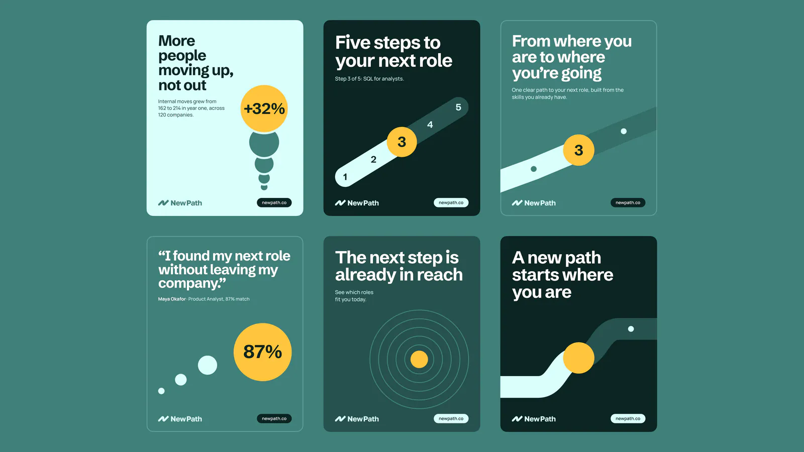 Six social tiles about career steps, internal moves and new paths