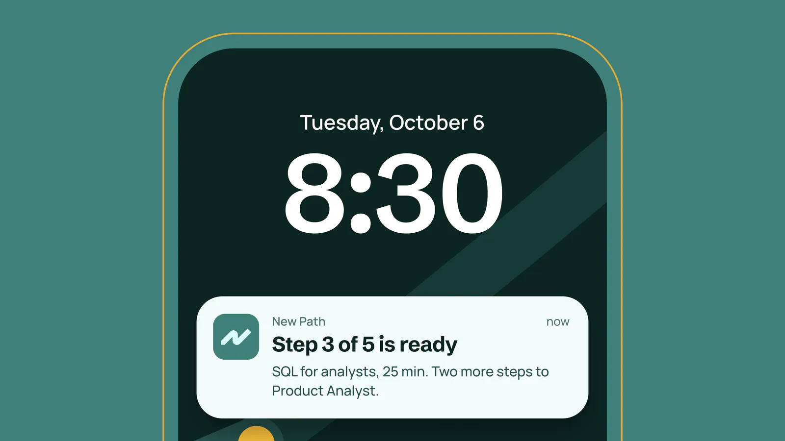 Phone lock screen with a New Path notification: Step 3 of 5 is ready