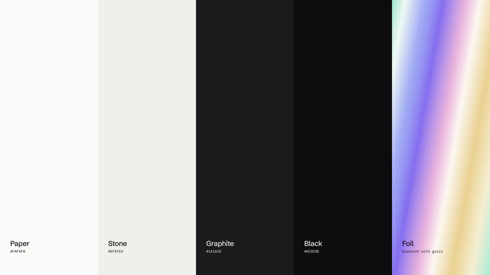 Norton colour swatches: Paper, Stone, Graphite, Black and the iridescent foil