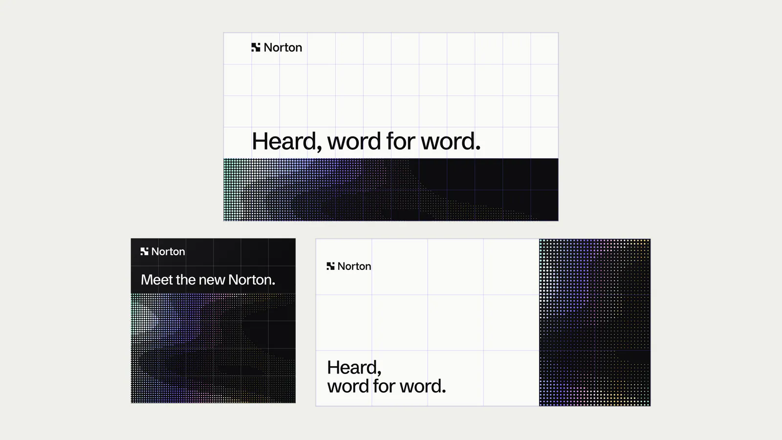 Brand layouts with a grid and the line Heard, word for word.