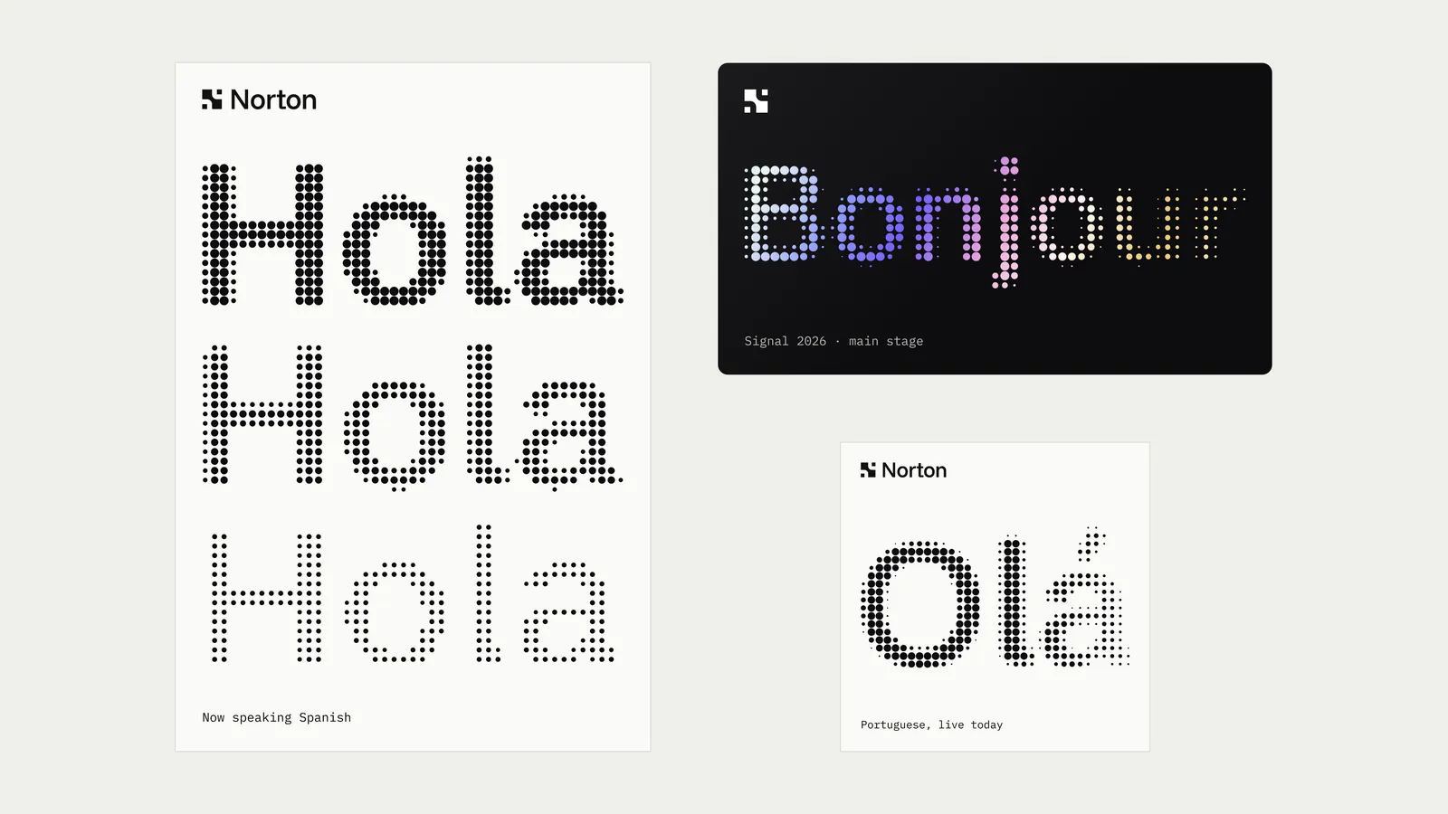 Type specimens: Hola, Bonjour and Olá in dot-matrix and solid type