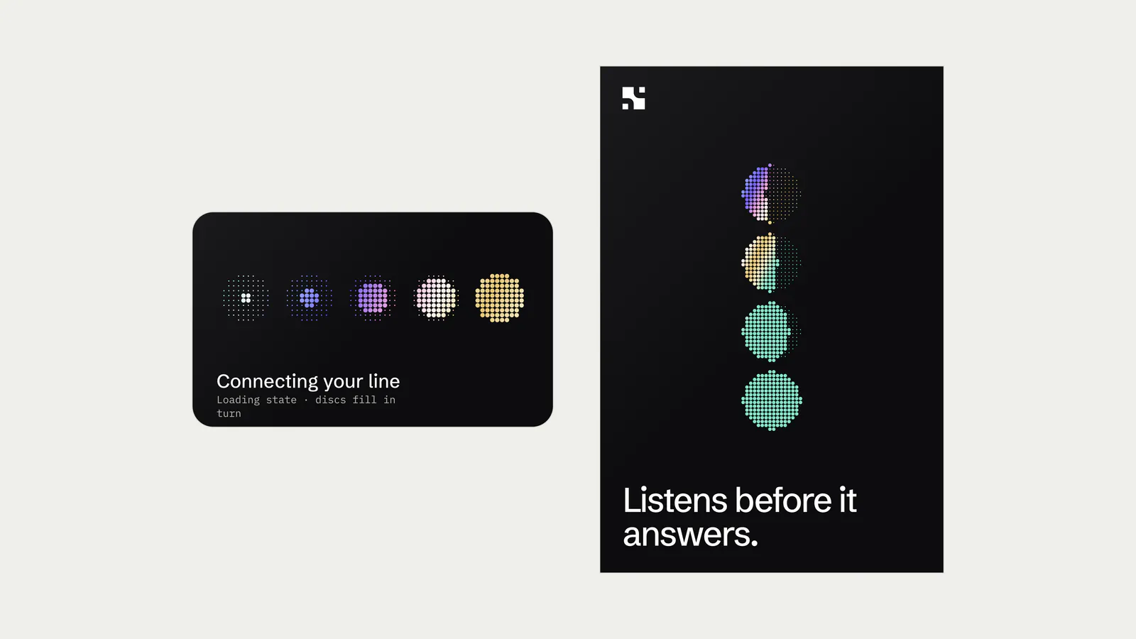 Interface elements: a connecting-your-line indicator and the line Listens before it answers.