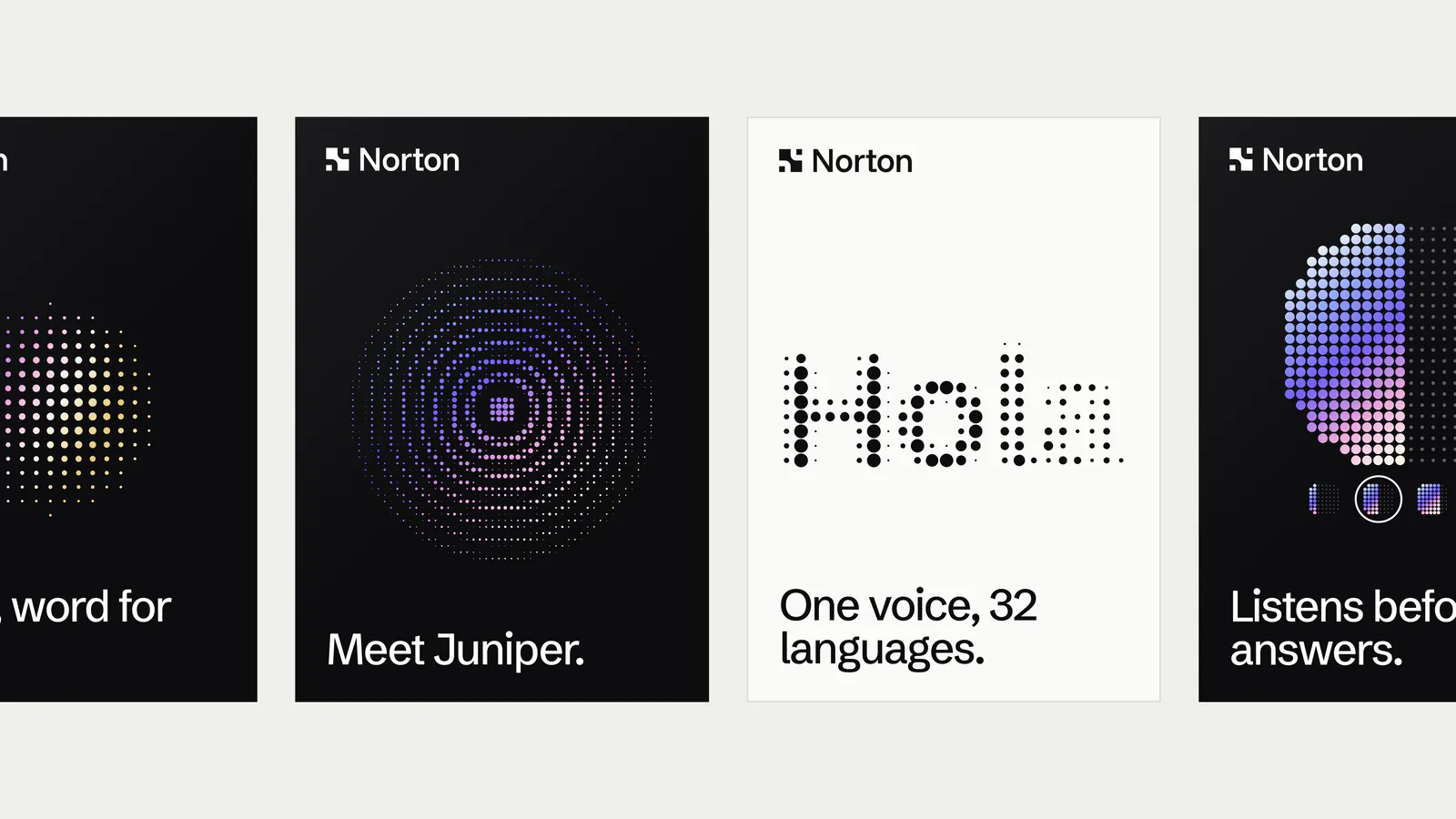 Poster set: Heard, word for word; Meet Juniper; One voice, 32 languages; Listens before it answers