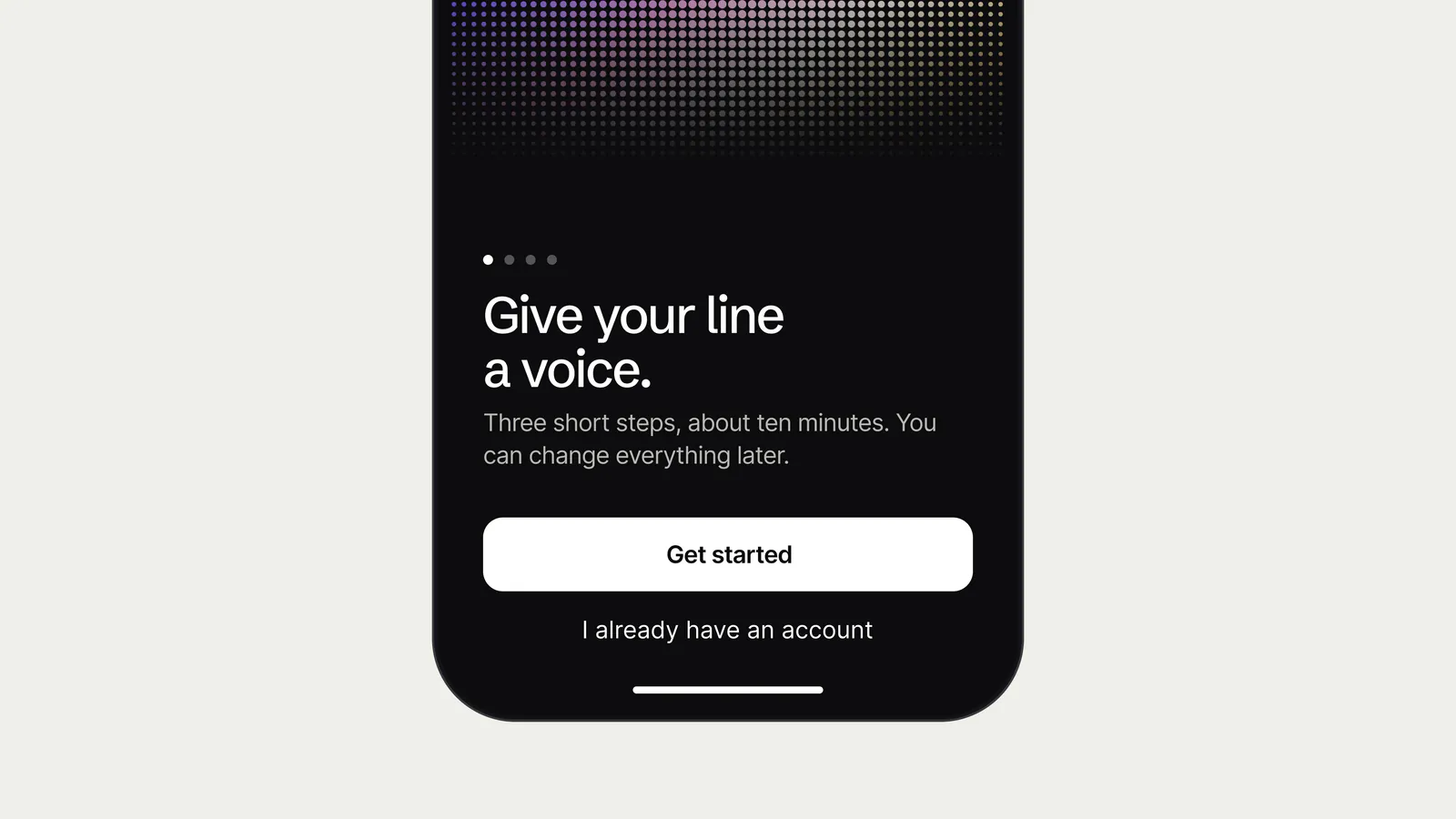 App onboarding screen on a phone: Give your line a voice.