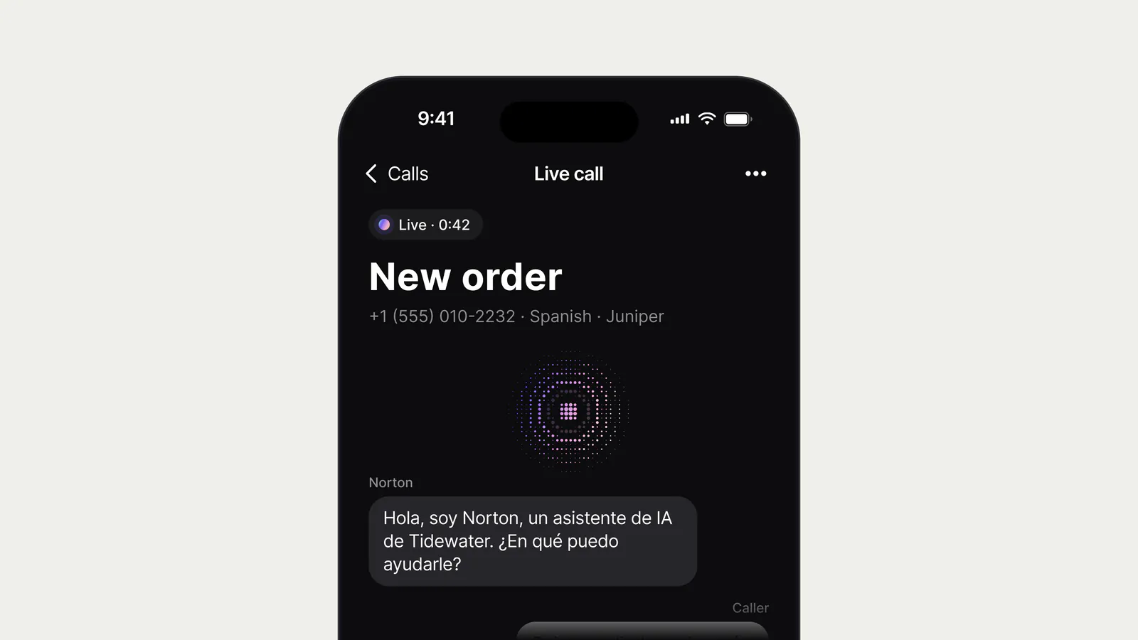 Live call screen on a phone showing a new order, in Spanish