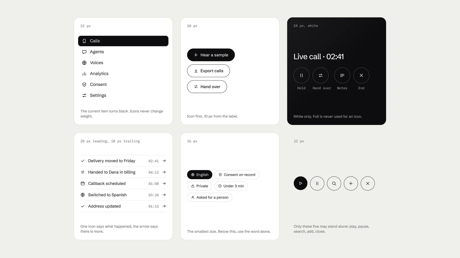 Dashboard components: navigation, buttons and a live call panel
