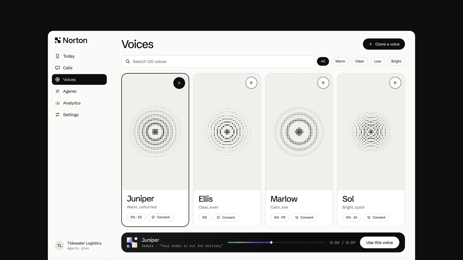 Norton Voices screen showing the voices Juniper, Ellis, Marlow and Sol