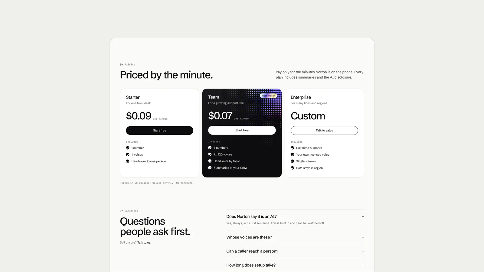 Website pricing section: Priced by the minute, with questions people ask first
