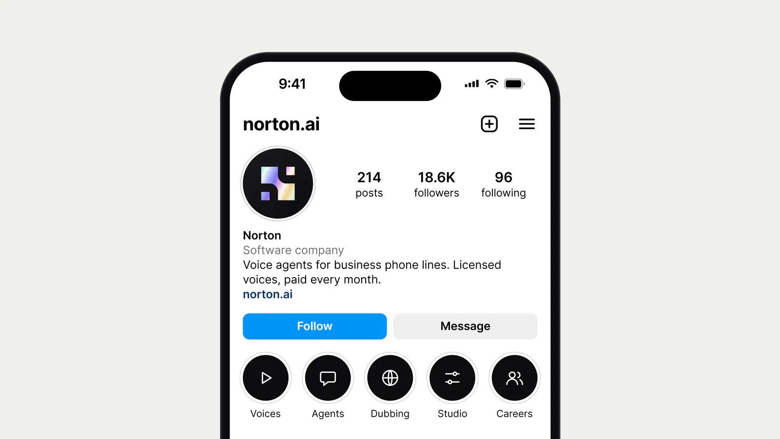 Norton Instagram profile on a phone with Voices, Agents, Dubbing, Studio and Careers highlights