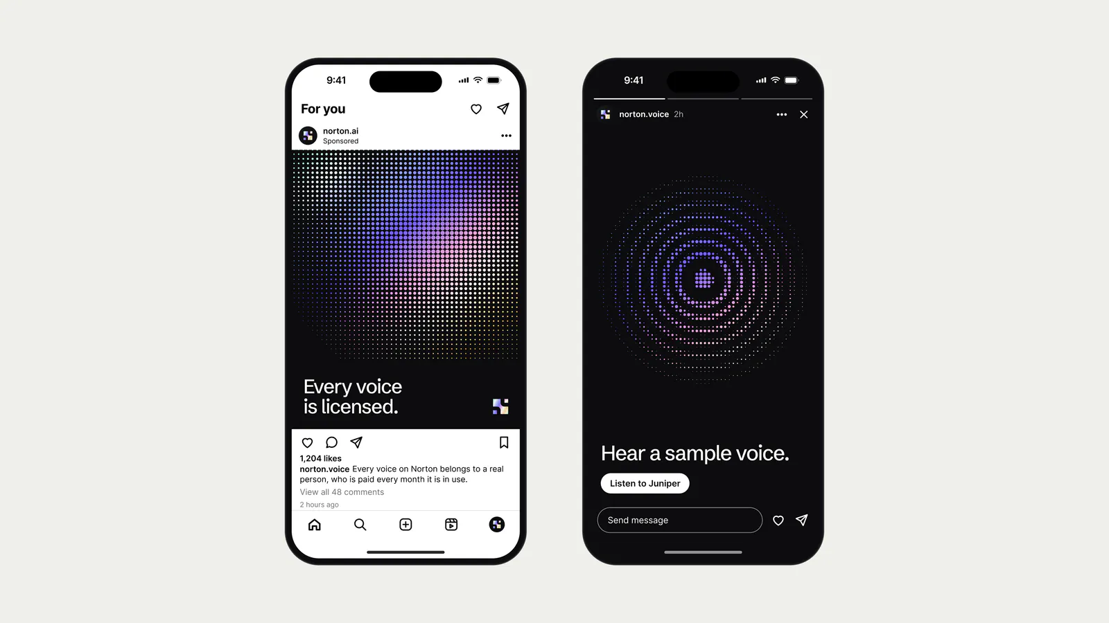 Two phones showing voice player screens: Every voice is licensed and Hear a sample voice