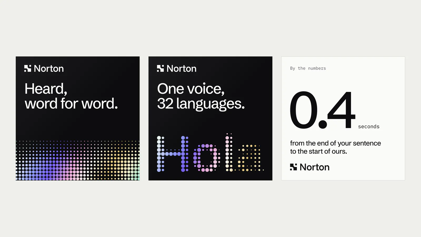 Social posts: Heard, word for word; One voice, 32 languages; 0.4 seconds