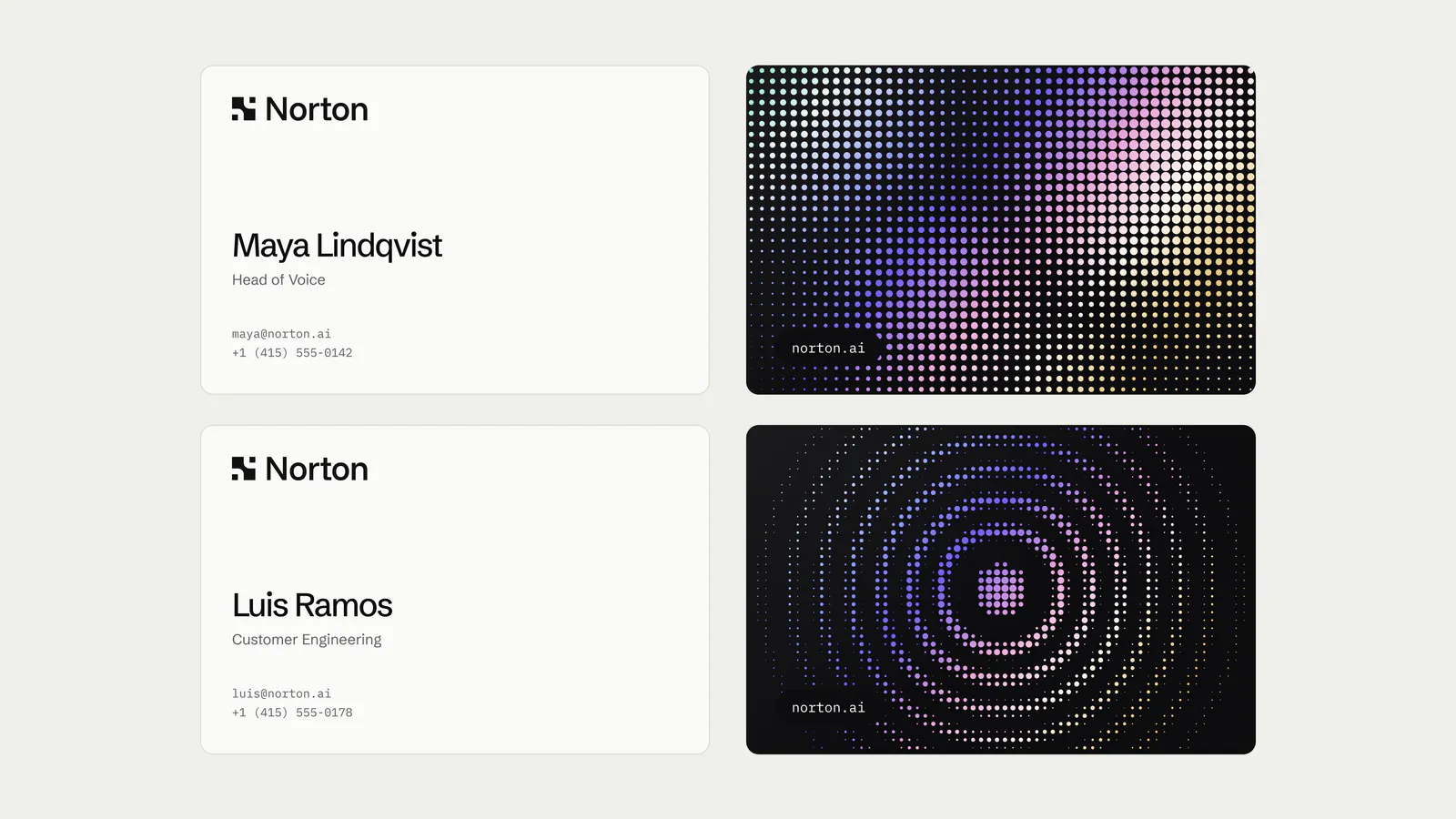 Business cards for Maya Lindqvist and Luis Ramos