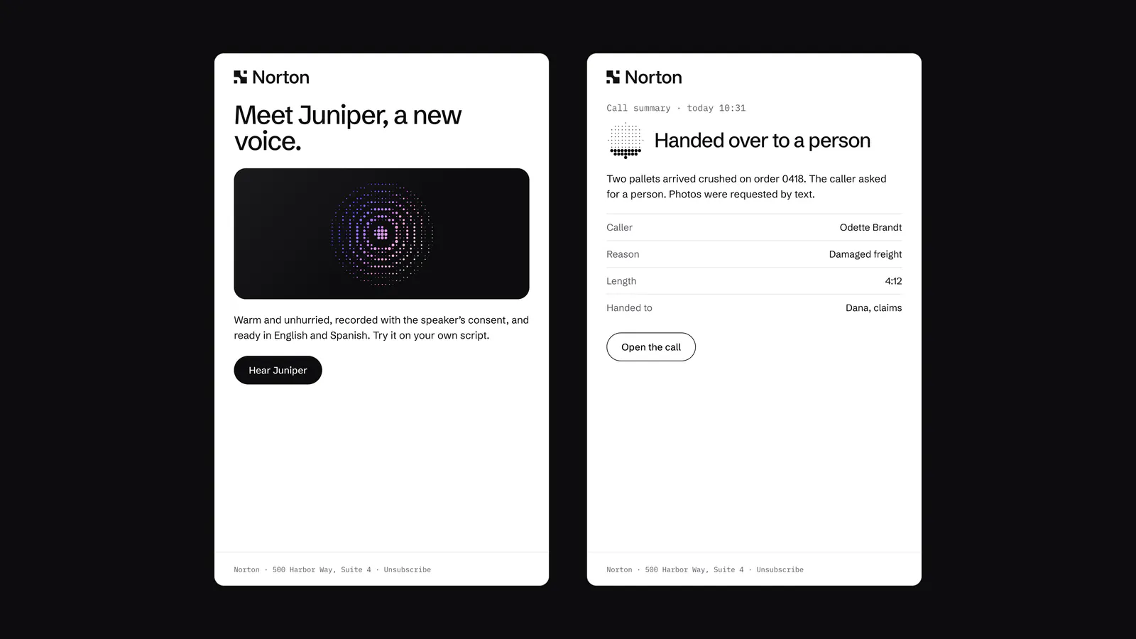 Email layouts: Meet Juniper, a new voice, and Handed over to a person