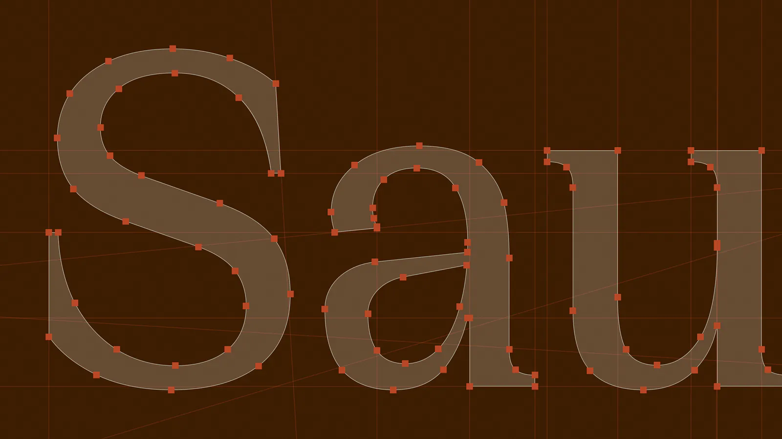 Close-up of the Sauge wordmark letterforms with vector anchor points, on espresso brown