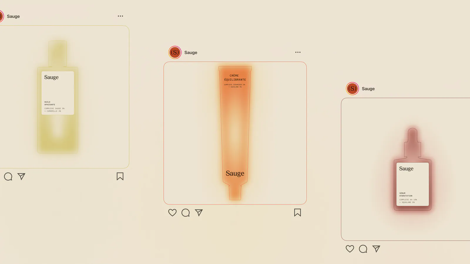Sauge Instagram posts showing a glowing bottle, tube and dropper on ivory
