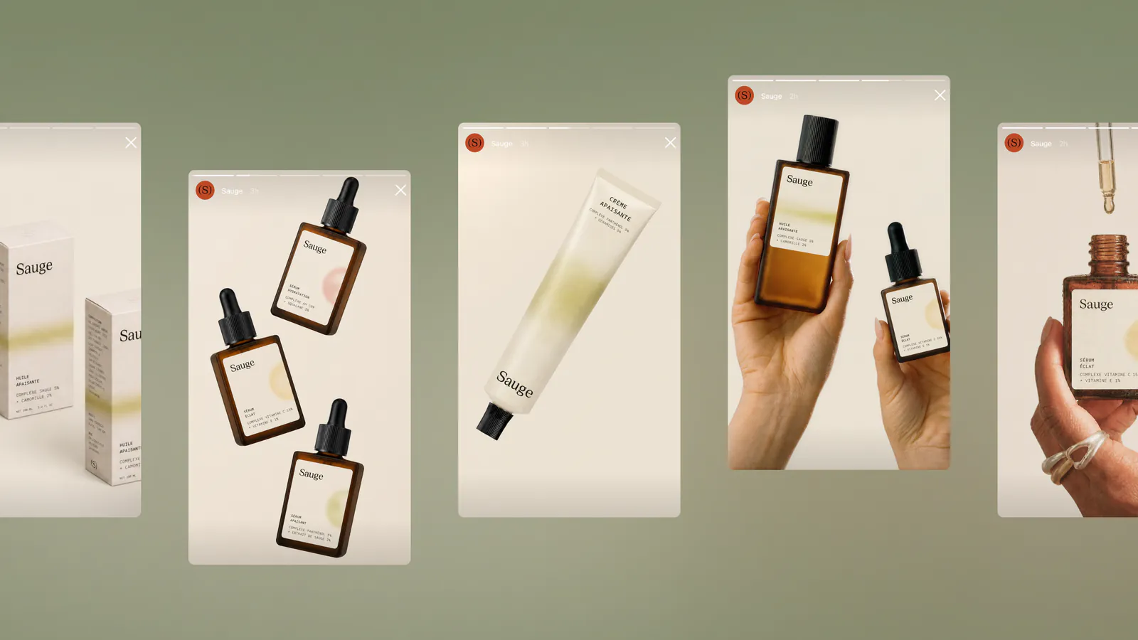 Sauge Instagram stories on sage green with serum bottles, a tube and hands holding the products