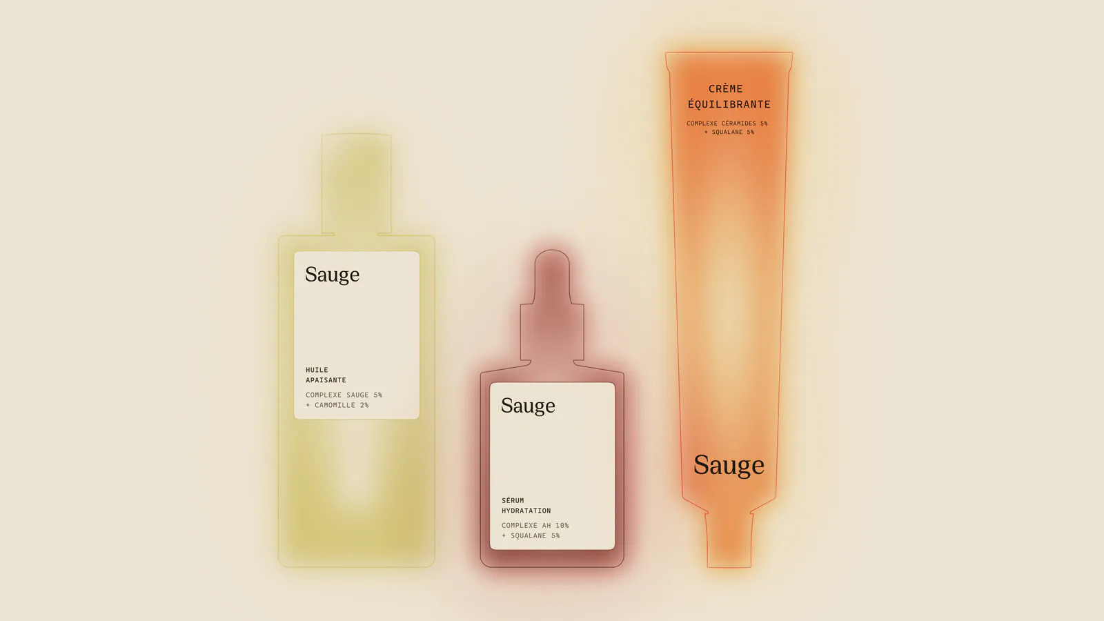 A bottle, a dropper and a tube, each with a soft coloured glow, on ivory