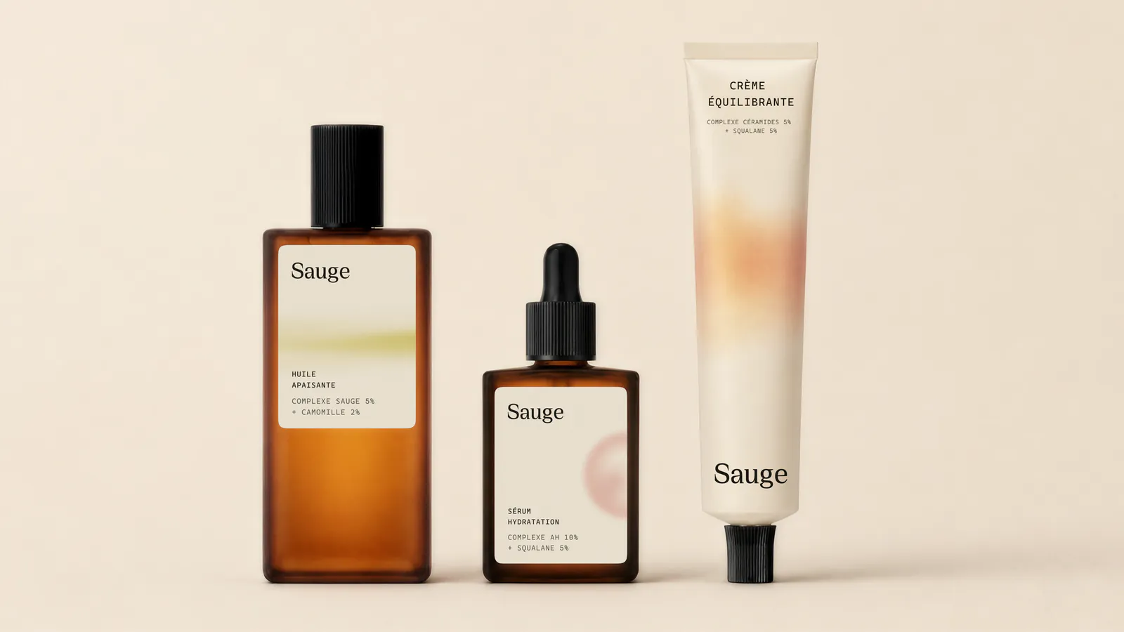 Amber glass bottle, dropper bottle and cream tube with Sauge labels on warm ivory