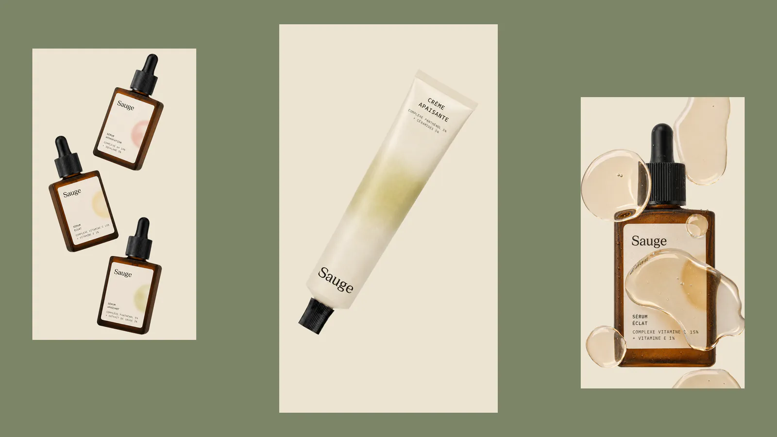 Sauge social tiles on sage green: serum bottles, a tube and a dropper over serum swatches