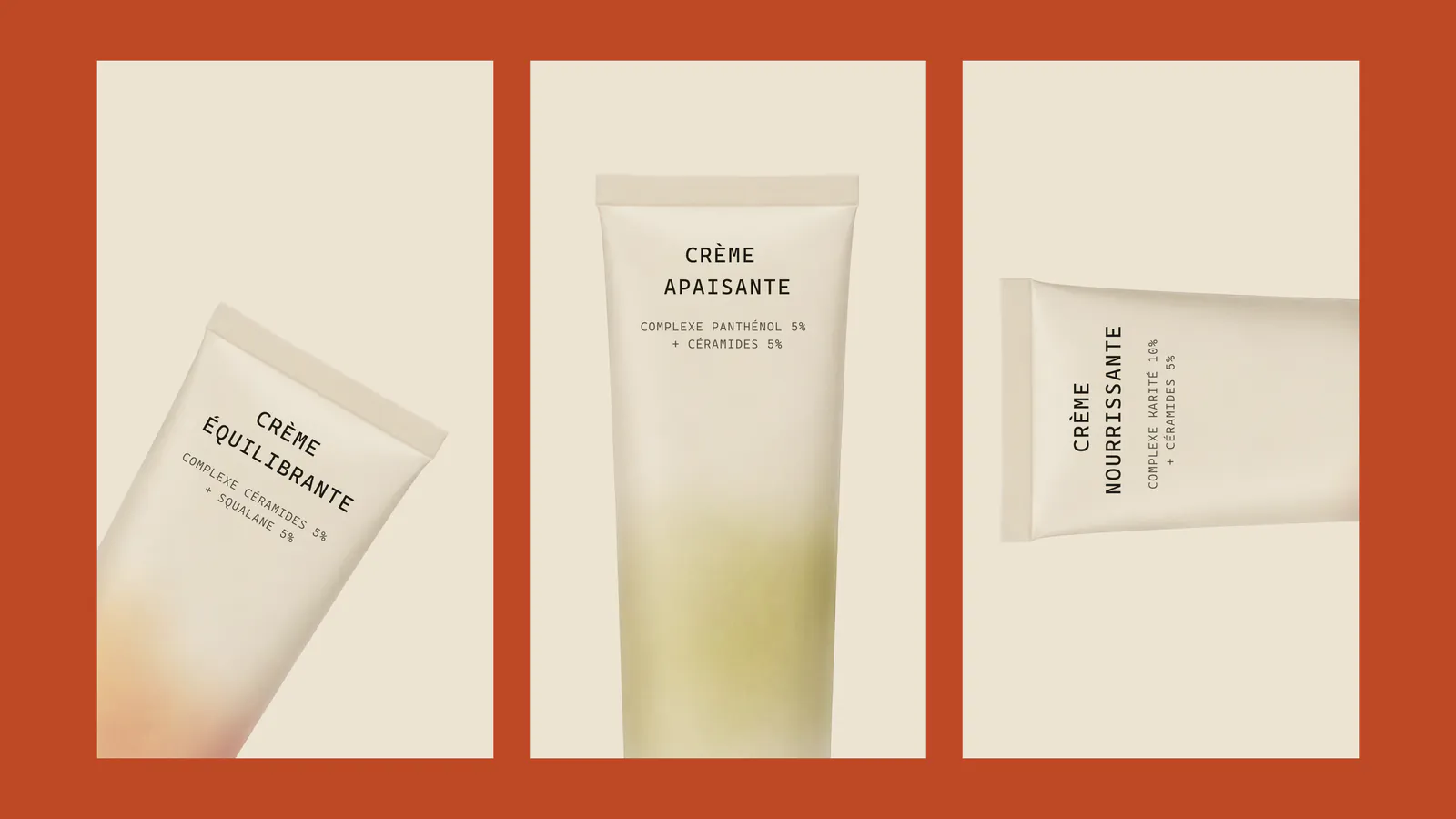 Sauge tubes on terracotta panels: Crème Équilibrante, Crème Apaisante and Crème Nourrissante
