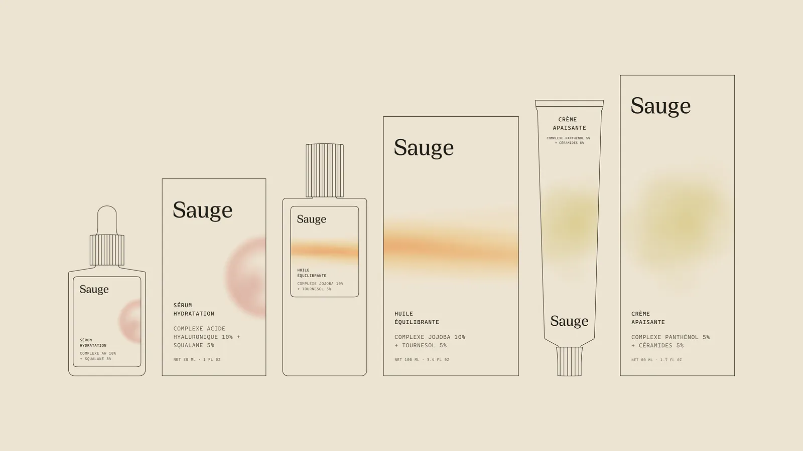 Line drawings of the Sauge range: bottles, cartons and tubes
