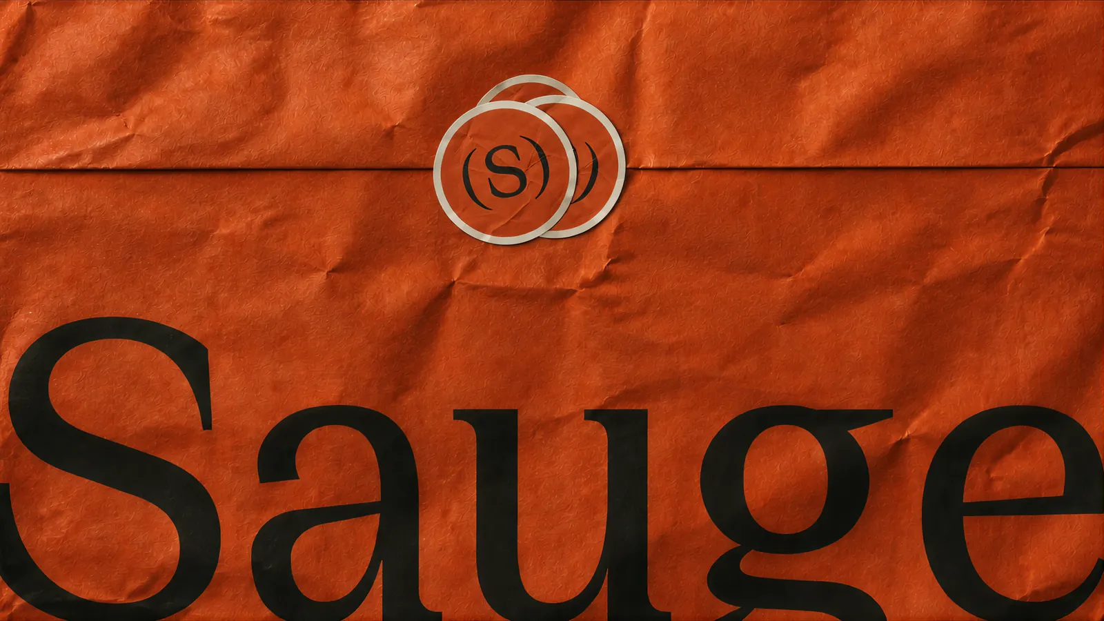 Sauge wordmark and (S) mark on crumpled terracotta paper